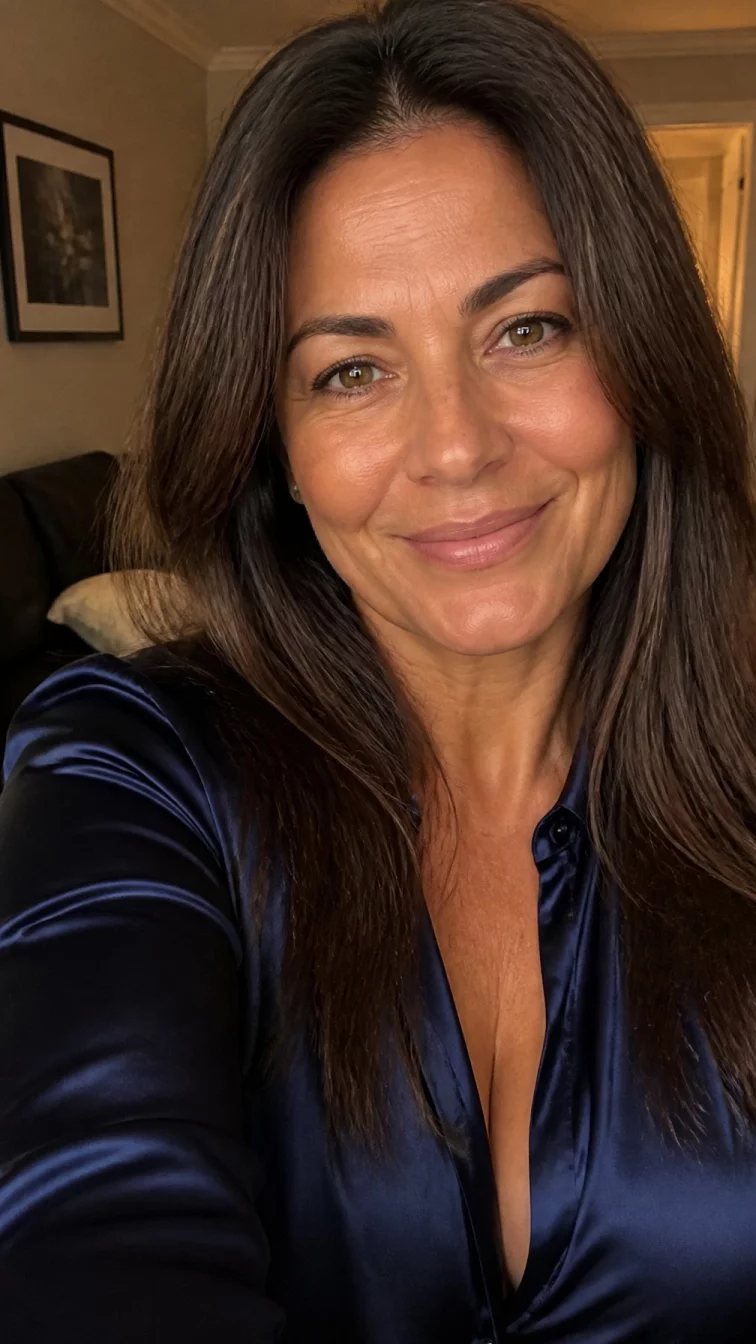 selfie of a 48-year-old Mediterranean woman with a pear-shaped face, tan, button nose, straight eyebrows, and full lips. Her face features dimples, a few laugh lines, and subtle natural facial asymmetry. She has hooded amber eyes, high cheekbones, subtle smile, relaxed. She is curvy and is wearing a navy blue silk blouse with very dark brown espresso highlights long straight hair, warm indoor lighting, indoor