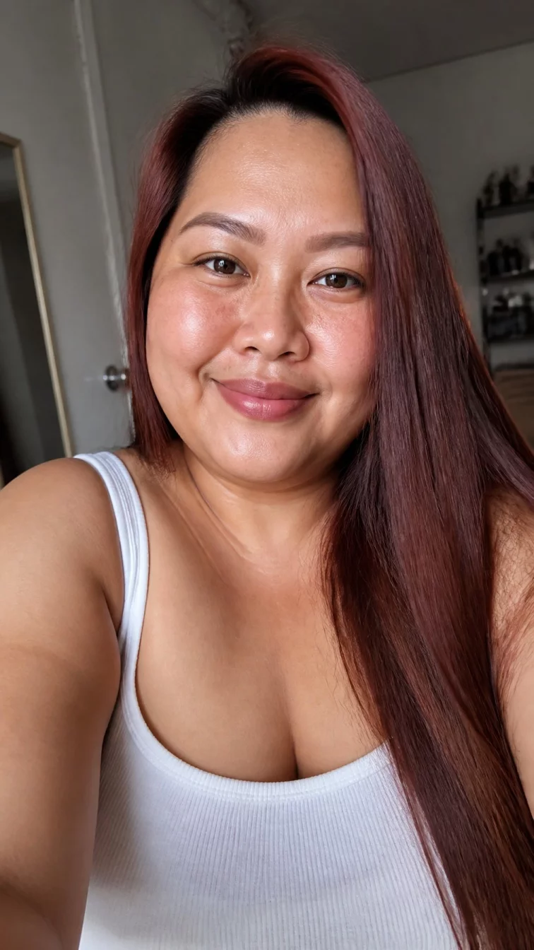 selfie of a 38-year-old Southeast Asian woman with a pear-shaped face, light, broad nose, thick natural eyebrows, and wide lips. Her face features faint freckles across the nose, light freckles, and subtle natural facial asymmetry. She has almond-shaped dark brown eyes, rounded cheeks, broad smile, confident. She is plus-size and is wearing a white tank top with reddish-brown mahogany glazed straight hair, soft window light, indoor