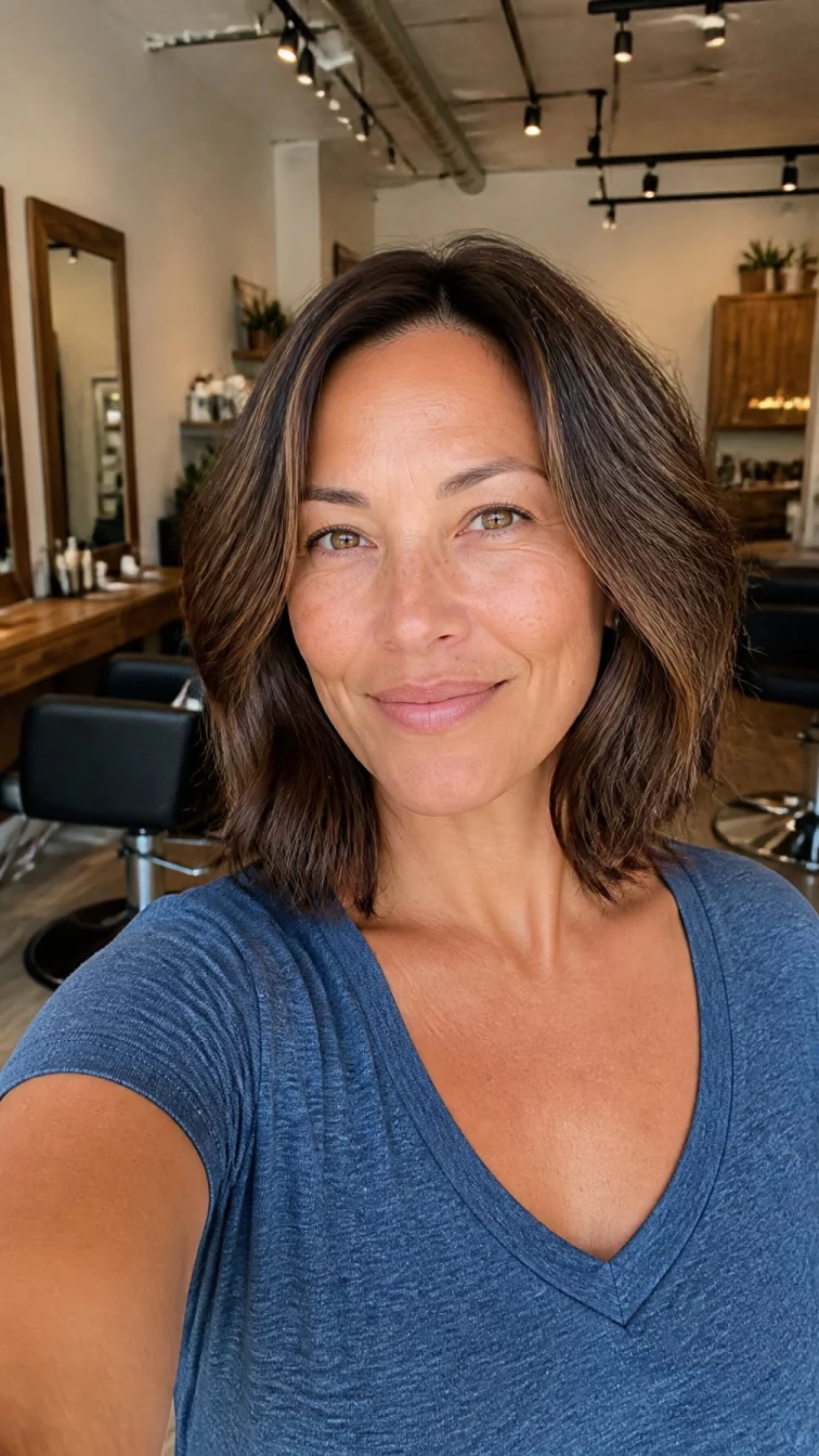 selfie of a 48-year-old Northern European woman with a oval face, dark brown, narrow nose, softly curved eyebrows, and heart-shaped lips. Her face features dimples, light freckles, and subtle natural facial asymmetry. She has monolid amber eyes, pronounced cheekbones, closed-mouth smile, cheerful. She is athletic and is wearing a denim blue v-neck t-shirt with medium warm toffee brown highlights wavy bob hair, bright natural daylight, hair salon