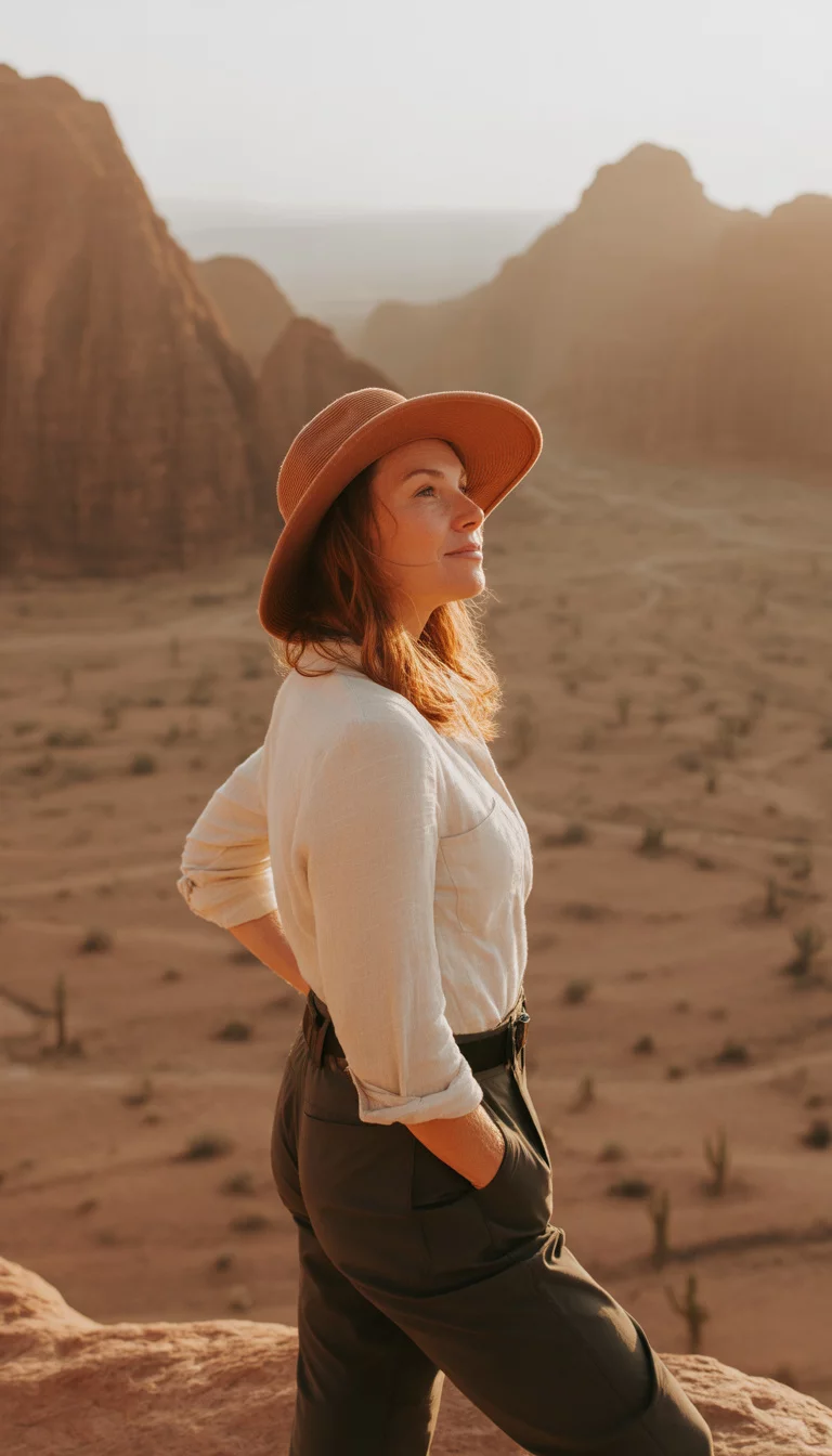 Desert Sun Shield Outfit A beautiful 45-year-old woman in a long-sleeved white UV protection shirt, dark hiking trousers, and a wide-brimmed tan sun hat, she stands on a rocky overlook in a vast desert landscape.