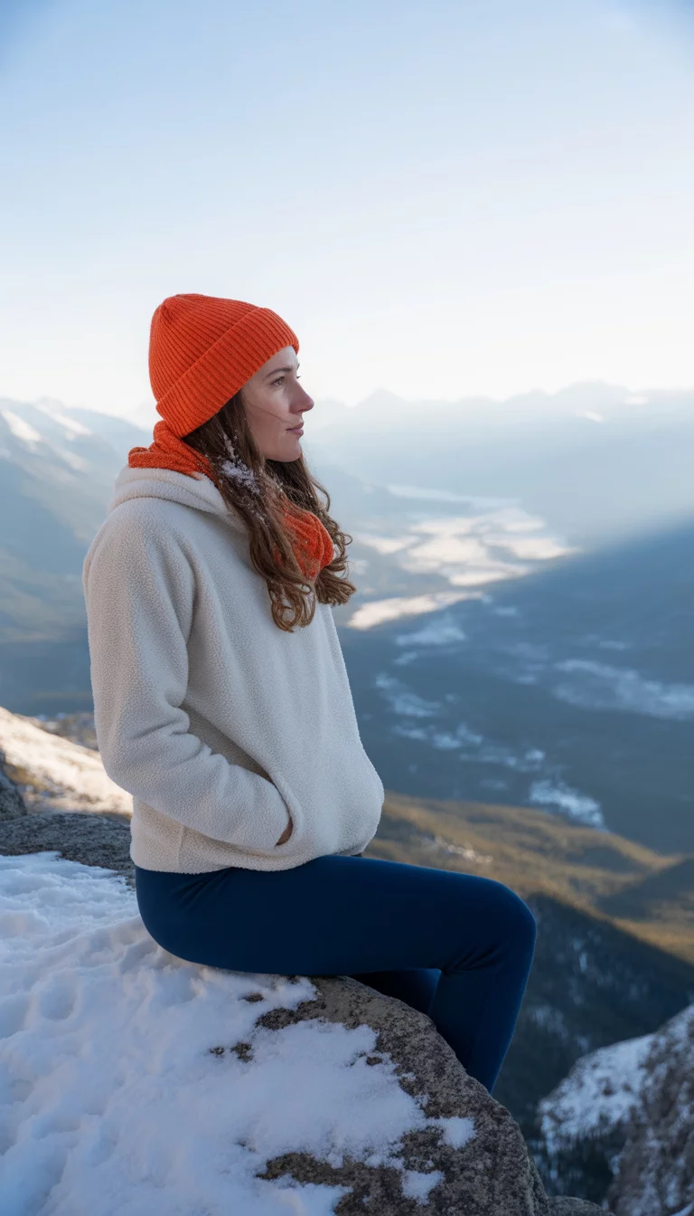 High Altitude Fleece Warmth A beautiful 37-year-old woman in a cream fleece pullover, navy blue leggings, and a bright orange knit beanie, she stands on a snowy mountain ledge with a vast valley visible below.