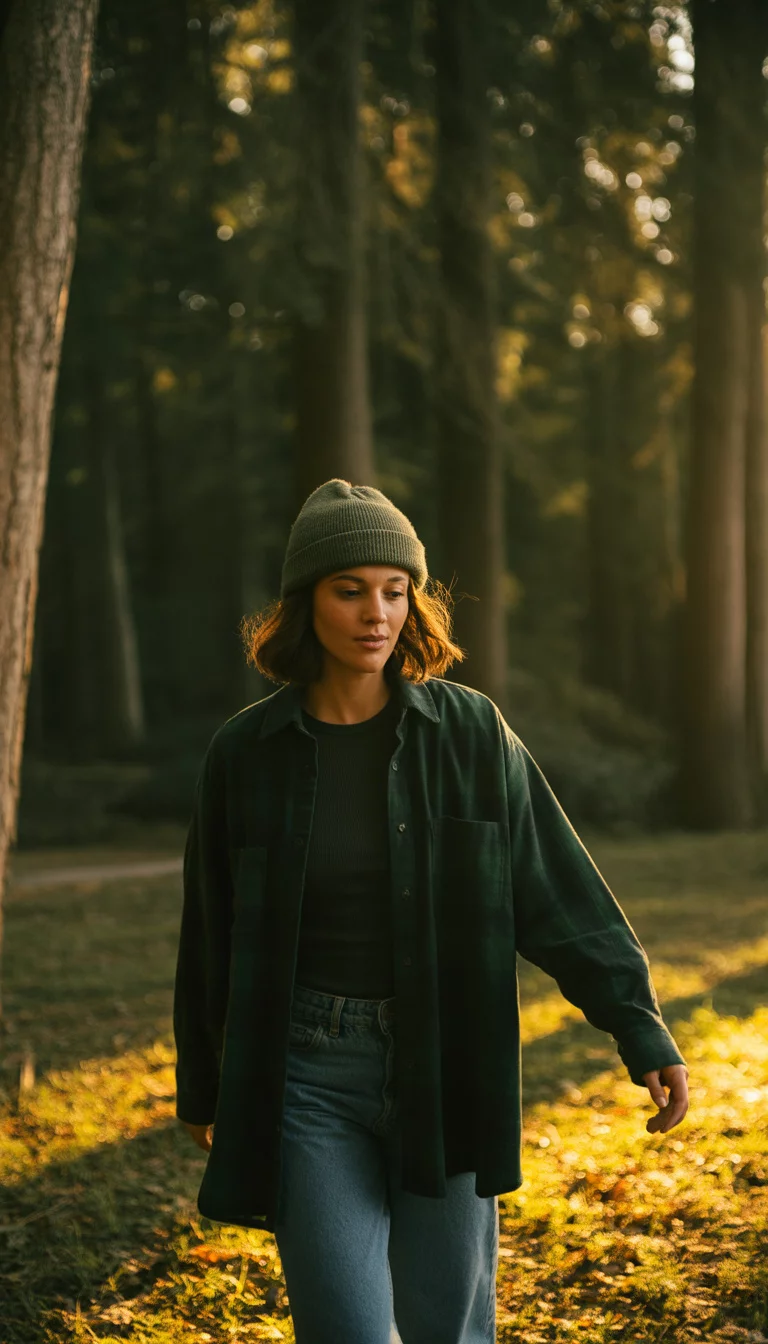 Durable Denim Forest Path A beautiful 26-year-old woman in a dark green oversized flannel shirt, blue denim jeans, and a grey wool beanie, she walks through a forest with tall trees and thick fallen leaves on the ground.