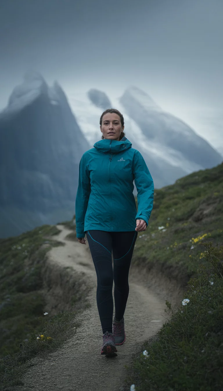 Alpine Ascent Weather Protection A beautiful 32-year-old woman in a teal waterproof hardshell jacket and black compression leggings, she walks on a dirt path towards massive snow-capped mountains under a moody grey sky.