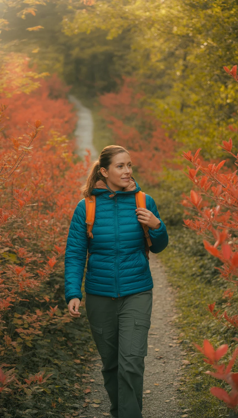 Technical Gear for Deep Bushwalking A beautiful 33-year-old woman in a bright teal puffer jacket, olive green cargo pants, and a vibrant orange backpack, she walks down a narrow grassy path flanked by thick bushes and autumn foliage.