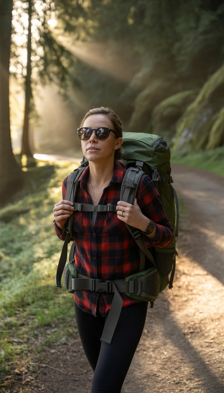 Rugged Plaid Forest Trekker A beautiful 33-year-old woman wearing dark sunglasses, a red and black plaid shirt, black leggings, and a large technical backpack, she walks on a narrow forest trail.