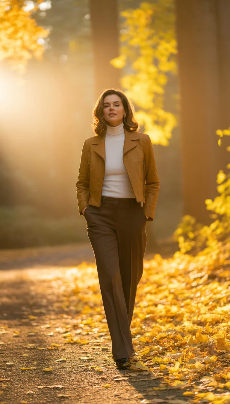Golden Hour Woodland Wanderer A beautiful 28-year-old woman in a tan suede jacket, a white turtleneck, and dark brown trousers, she walks on a sun-drenched path through a forest with yellow autumn leaves illuminating the background.