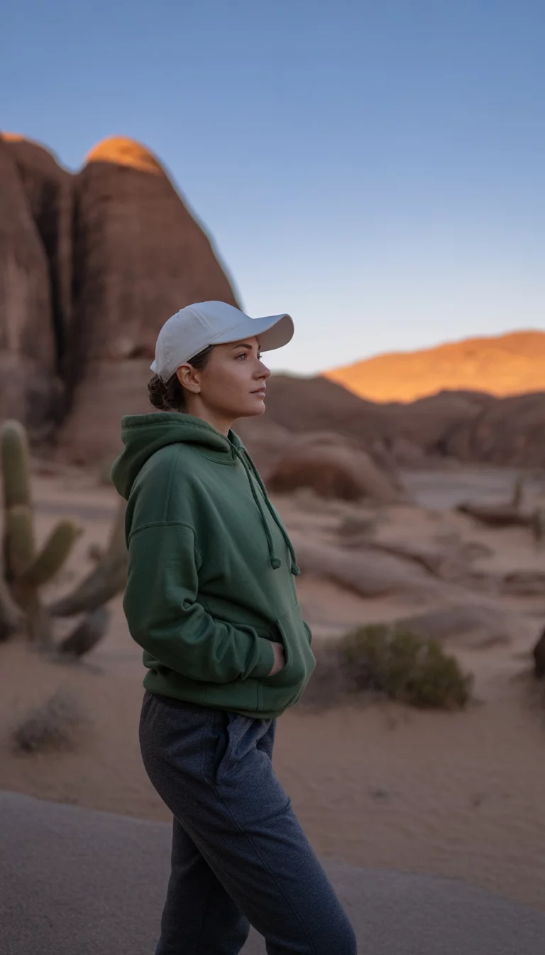 Desert Canyon Hooded Comfort A beautiful 36-year-old woman in a forest green hoodie, dark grey jogging pants, and a white baseball cap, she stands looking out at a desert landscape with massive rock formations under a clear sky.