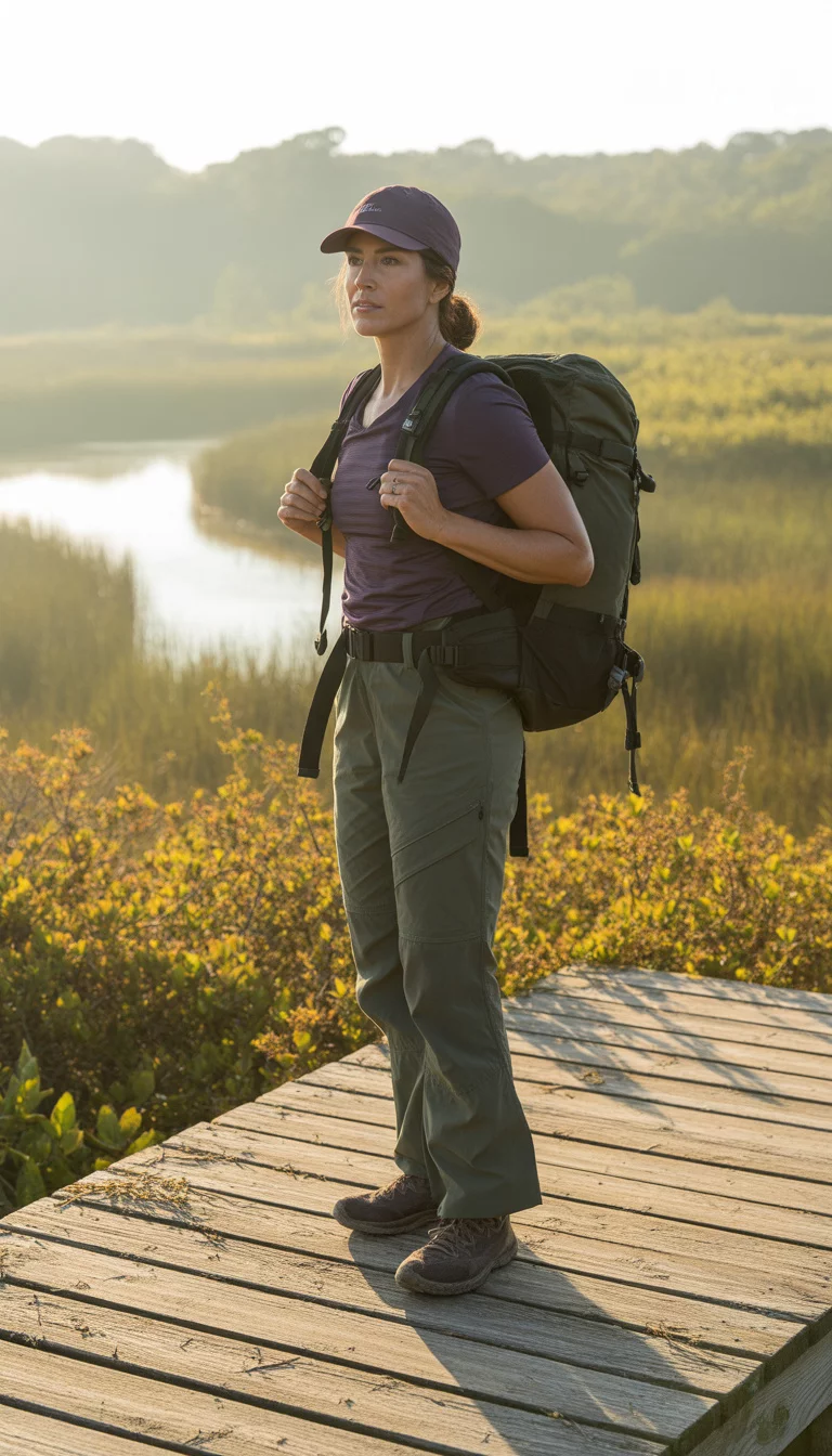 Marshy Boardwalk Technical Professional A beautiful 38-year-old woman in a dark purple cap, a matching purple moisture-wicking t-shirt, and olive green tactical pants, she stands on a wooden boardwalk in a marshy area with golden foliage and carries a black backpack.