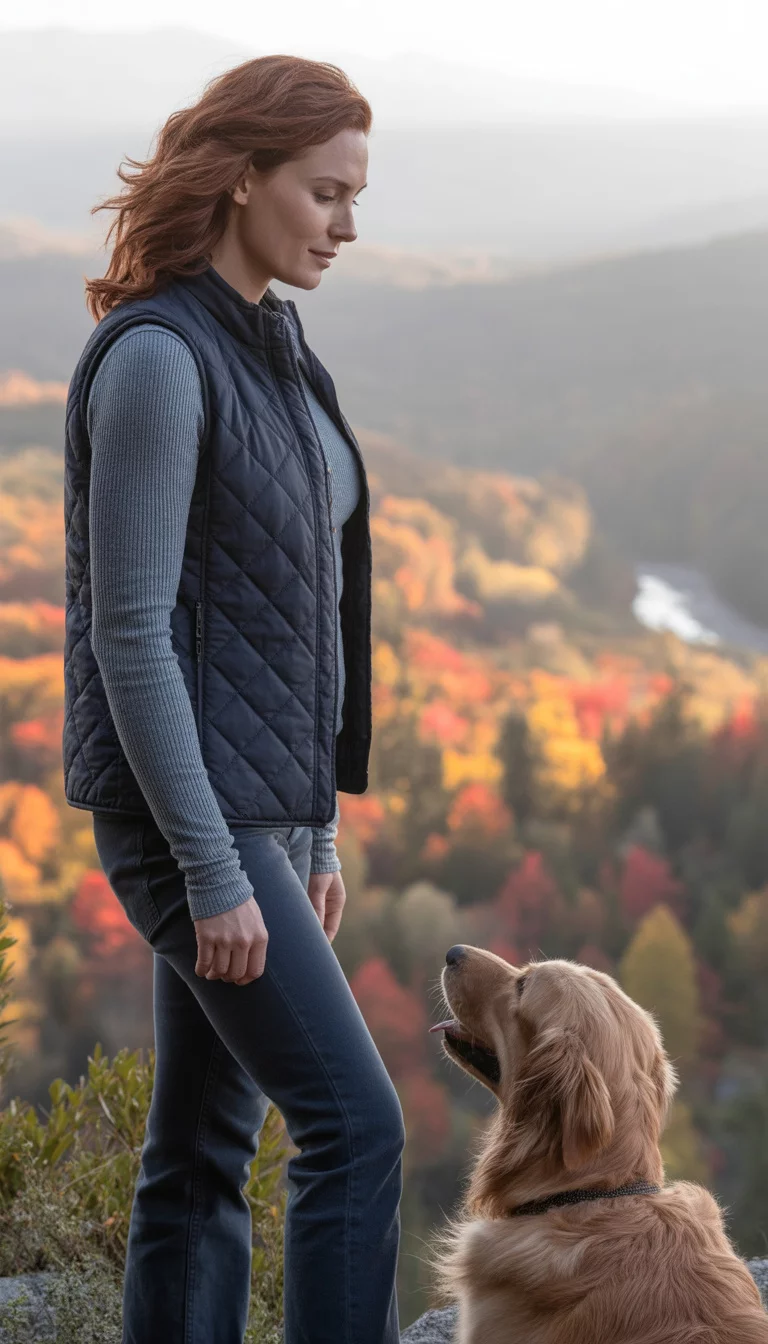 Breathtaking Overlook Outerwear A beautiful 38-year-old woman in a quilted navy vest over a long-sleeved grey thermal shirt and dark blue denim jeans, she stands on a rocky overlook with a golden retriever looking at a vibrant autumn forest.