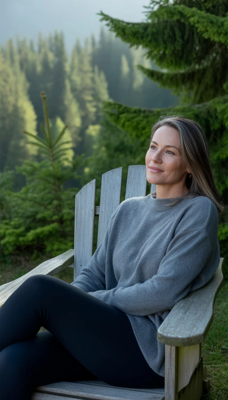 Relaxed Cabin Porch Loungewear A beautiful 42-year-old woman in a soft grey oversized sweater and sleek black leggings, she sits comfortably on a wooden Adirondack chair outdoors with a background of towering evergreen trees.