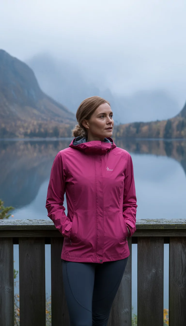 Lakeside Balcony View Style A beautiful 40-year-old woman in a hot pink rain jacket and dark charcoal leggings, she stands on a wooden balcony overlooking a crystal clear lake and mountains during a light autumn drizzle.