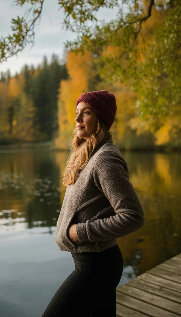 Plush Fleece Lakeside Layering A beautiful 30-year-old woman in a textured grey fleece pullover, black high-waisted leggings, and a maroon beanie, she stands by a lake surrounded by autumn trees with gold and orange leaves.