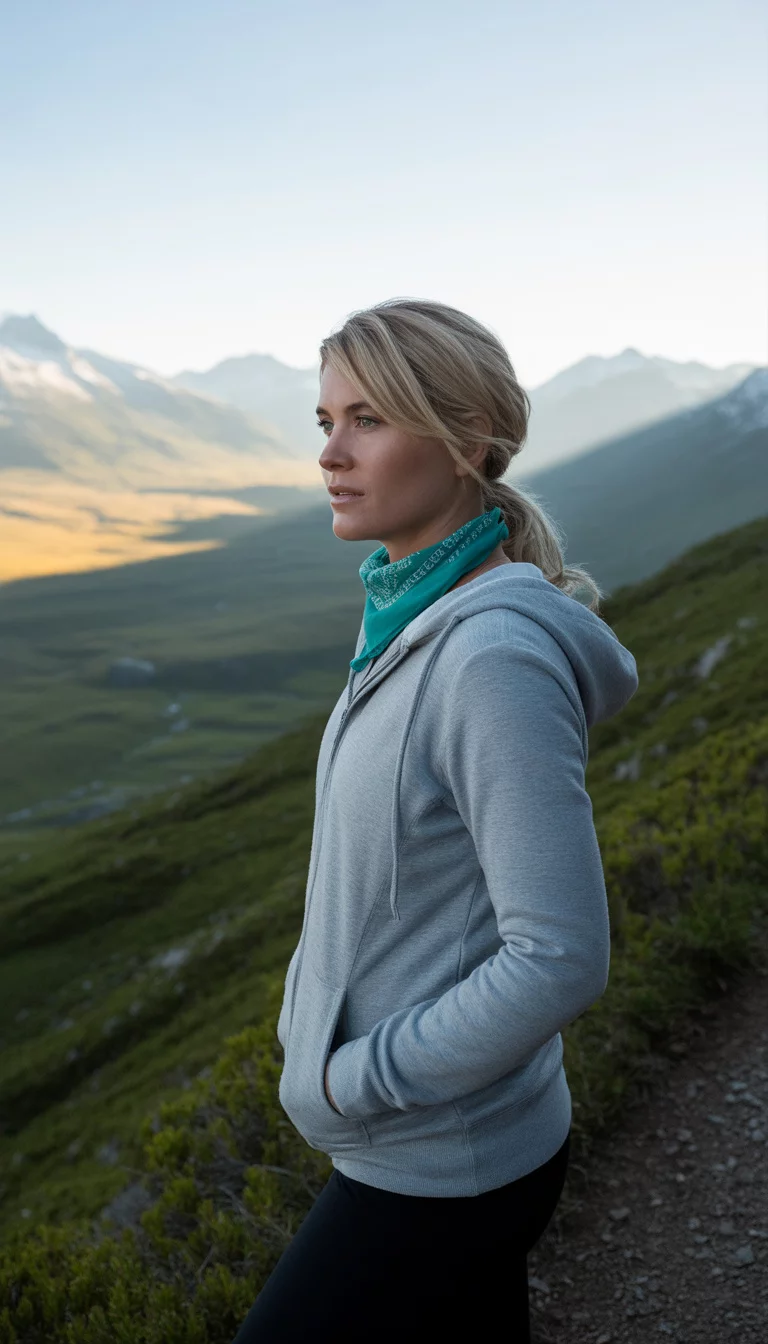 Mountain Trail Ponytail Practicality A beautiful 31-year-old woman with blonde hair in a ponytail wearing a light grey zip-up hoodie, black leggings, and a turquoise bandana around her neck, she stands on a mountain trail looking out at a vast landscape.