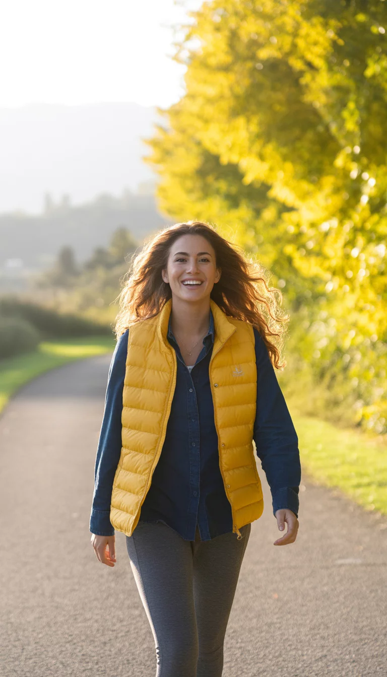 Golden Path Cheerful Outerwear A beautiful 27-year-old woman with long wavy hair in a yellow puffy vest over a navy long-sleeved shirt and grey leggings, she smiles at the camera while walking on a path lined with yellow trees.