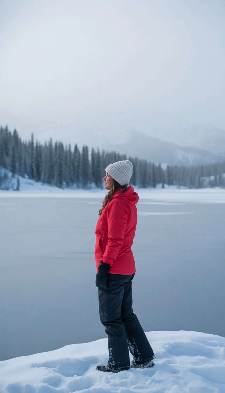 Vibrant Red Lake District Protection A beautiful 39-year-old woman in a bright red insulated jacket, a white knit beanie, and black water-resistant pants, she stands in the snow looking at a frozen mountain lake.