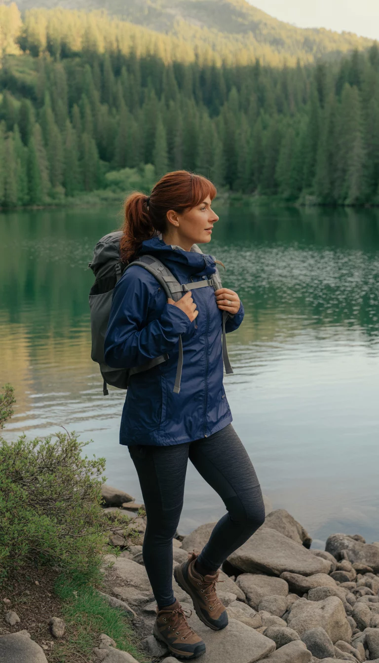 Classic Layers for Lakeside Treks A beautiful 34-year-old woman in a lightweight navy windbreaker, charcoal moisture-wicking leggings, and brown leather hiking boots, she carries a small grey daypack, hiking on a rocky path next to a calm body of water with a forest and hills in the background.