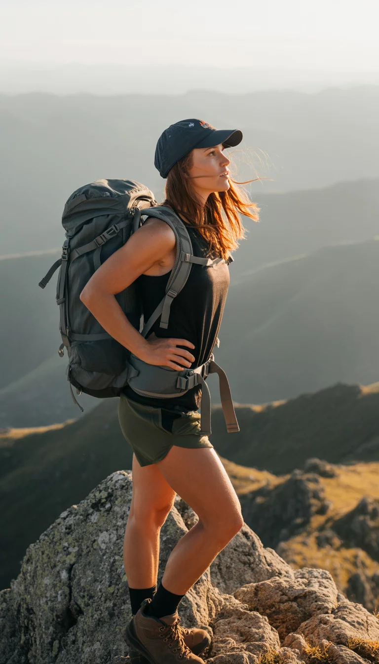 Rugged Summer-to-Fall Peak Attire A beautiful 25-year-old woman in a black tank top, olive green hiking shorts, a navy baseball cap, and sturdy brown hiking boots, she stands on a rocky mountain peak carrying a grey backpack.