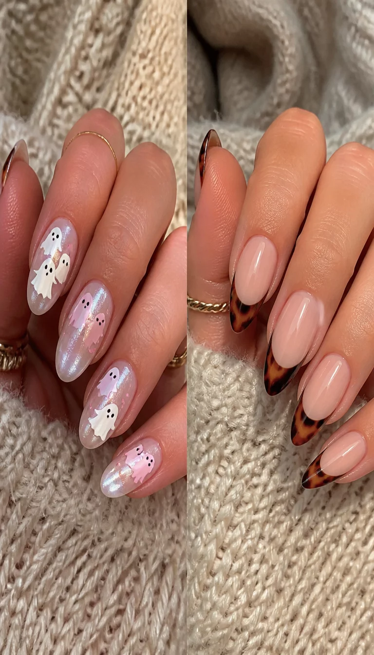close-up shot of a woman’s hand with five fingers showing pearlescent oval nails with pink and white ghost illustrations on the left, and almond-shaped French tips with tortoise shell patterns on the right, cozy knitted sweater background.