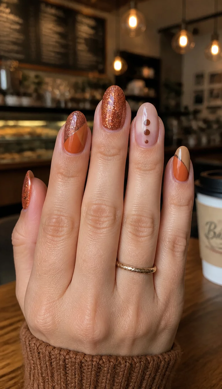 close-up shot of a woman’s hand with five fingers showing a mix of glittery copper, color-blocked sections of burnt orange and tan, and minimalist brown dots on a clear base, coffee shop background.