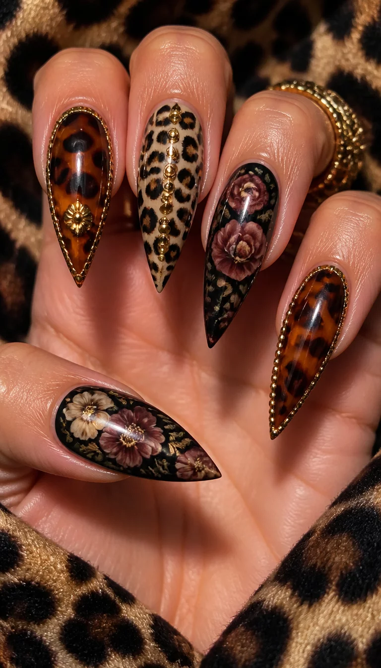 close-up shot of a woman’s hand with five fingers showing stiletto nails with heavy detail including tortoise shells, leopard spots, and dark floral patterns, leopard print fabric background.