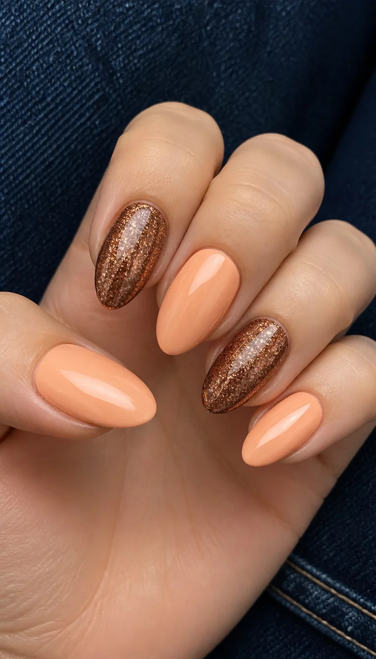 close-up shot of a woman’s hand with five fingers showing almond-shaped nails alternating between a soft peach shade and deep bronze glitter, dark indigo denim background.