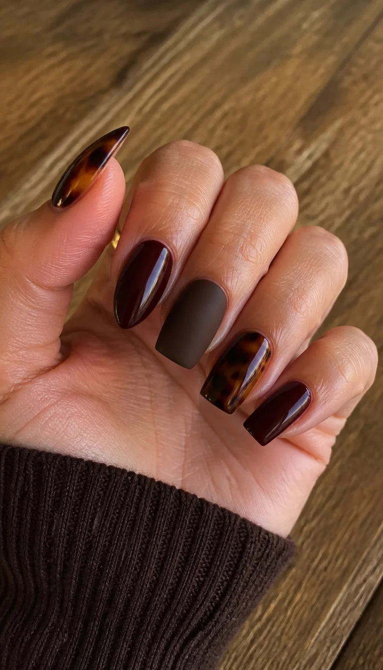 close-up shot of a woman’s hand with five fingers showing a mix of almond and square shapes, featuring tortoise shell patterns, dark burgundy solids, and matte chocolate brown finishes, wooden tabletop background.