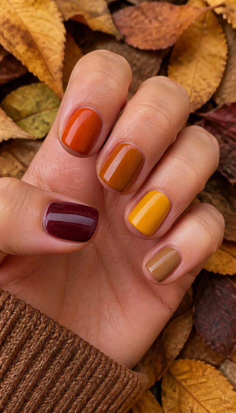close-up shot of a woman’s hand with five fingers showing short, square nails painted in a gradient from thumb to pinky: deep burgundy, burnt orange, golden brown, mustard yellow, and tan, fallen leaves background.