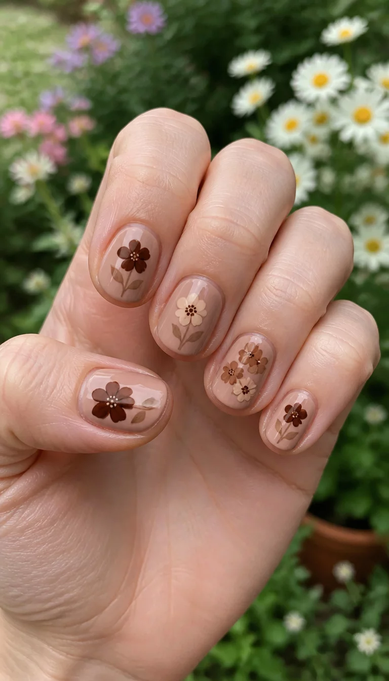 close-up shot of a woman’s hand with five fingers showing short, rounded nails with a simple design of varying brown shades of flowers on a natural clay base, garden background.