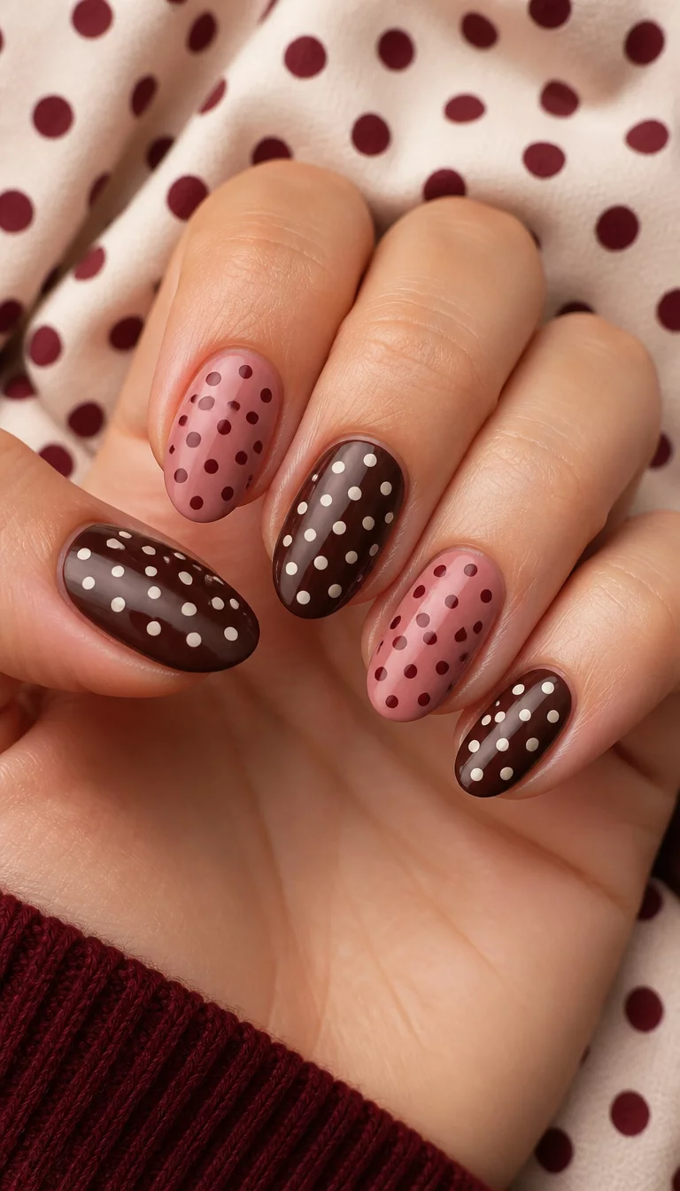 close-up shot of a woman’s hand with five fingers showing oval nails alternating between dark cocoa with white polka dots and soft rose with burgundy polka dots, polka dot fabric background.