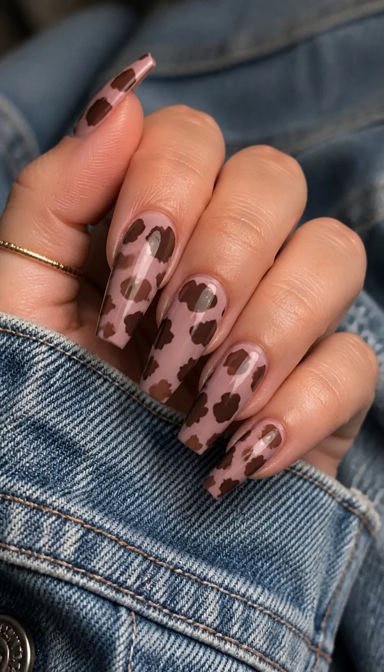 close-up shot of a woman’s hand with five fingers showing coffin-shaped nails with a playful cow print pattern in shades of chocolate and dusty rose, cozy denim jacket background.