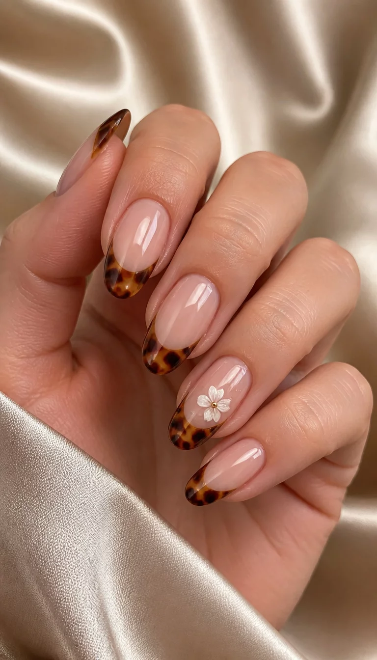 close-up shot of a woman’s hand with five fingers showing almond-shaped nails with a French tip design featuring dark amber tortoise shell patterns and a tiny white floral accent on the ring finger, silk fabric background.