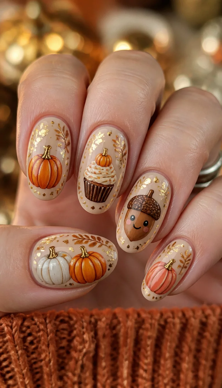 close-up shot of a woman’s hand with five fingers showing oval nails with hand-painted pumpkins, a tiny cupcake, and a cute acorn character with gold foil details, festive sparkly background.