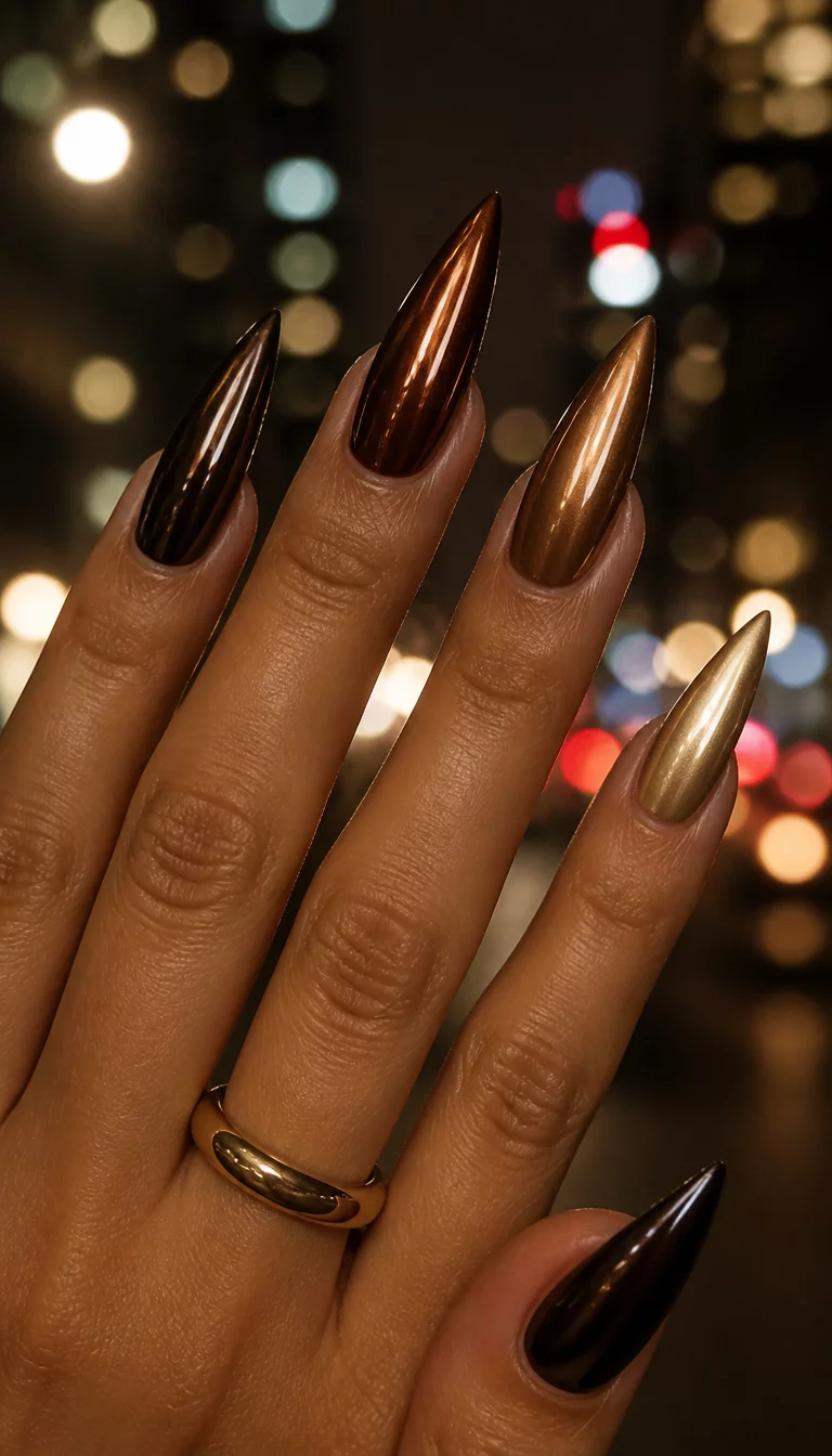 close-up shot of a woman’s hand with five fingers showing stiletto nails in various shades of espresso and caramel with a heavy metallic chrome finish, blurred city lights background.