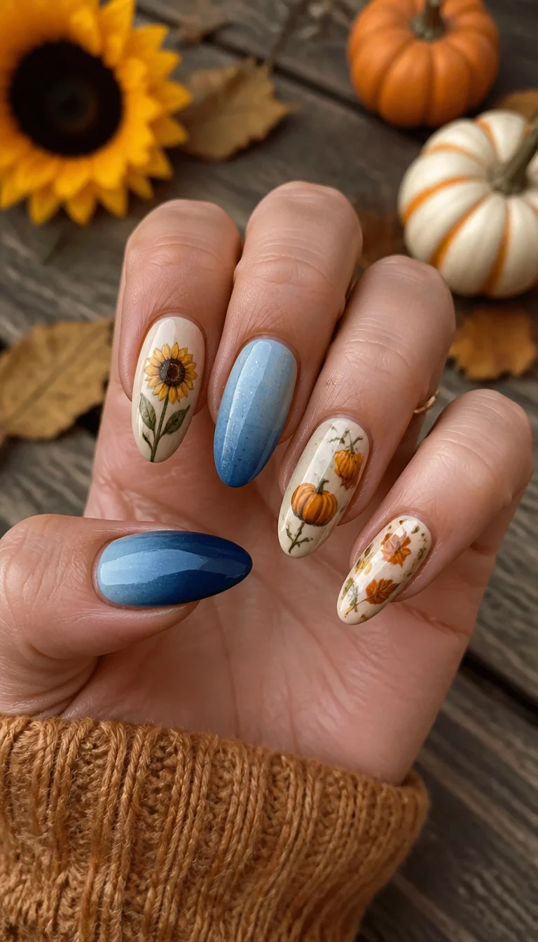 close-up shot of a woman’s hand with five fingers showing varied art including blue gradients, sunflower illustrations, tiny orange pumpkins, and falling leaf patterns, rustic outdoor background.