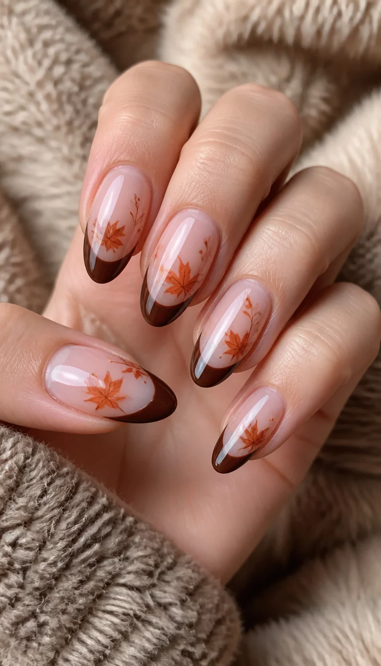 close-up shot of a woman’s hand with five fingers showing almond-shaped French tip nails with dark chocolate brown edges and delicate orange fall leaf accents on a translucent base, fuzzy blanket background.