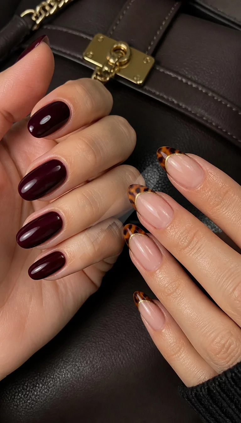 close-up shot of a woman’s hand with five fingers showing glossy dark burgundy oval nails on one hand and almond-shaped tortoise shell French tips with gold trim on the other, leather handbag background.