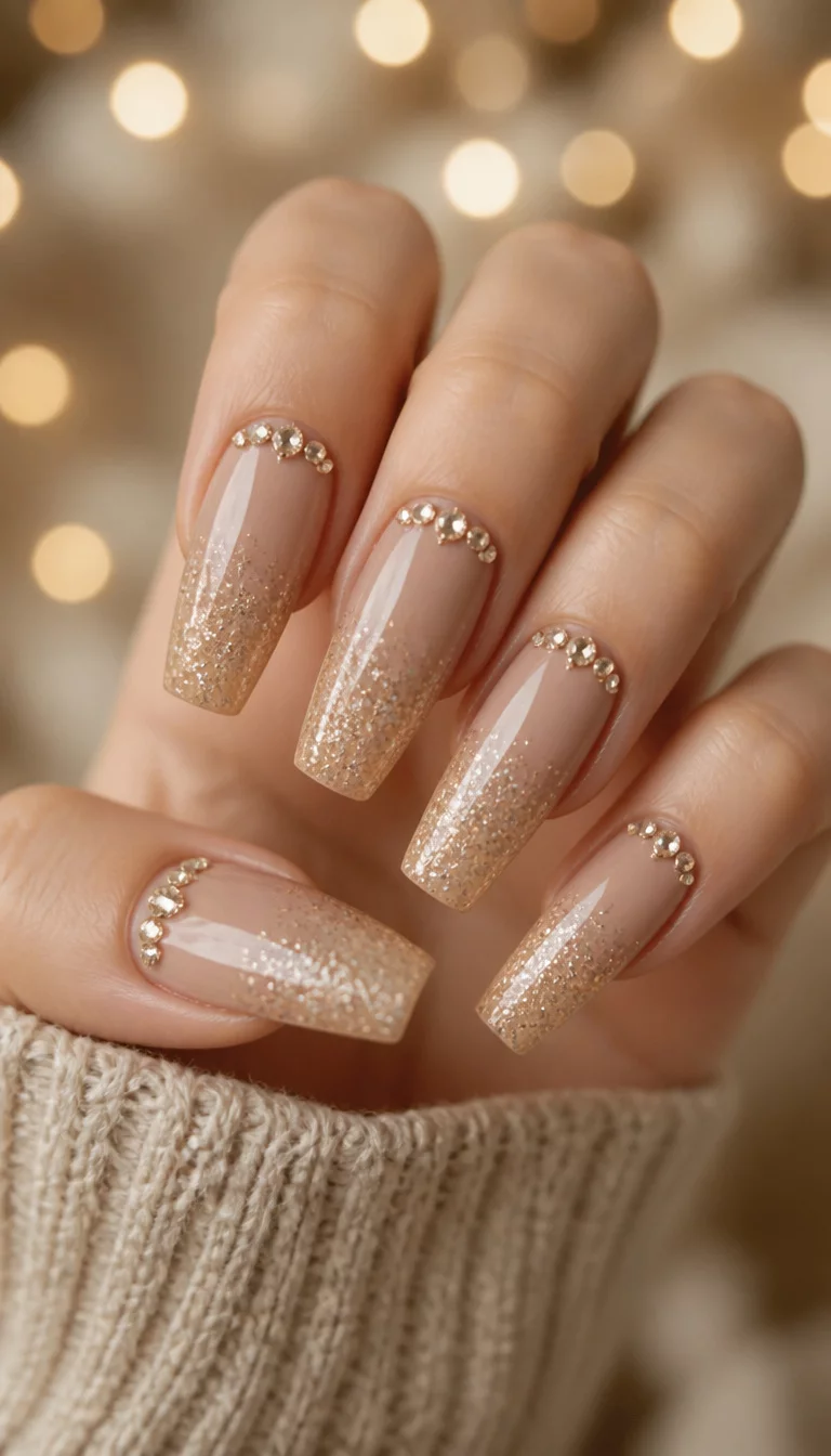 close-up shot of a woman’s hand with five fingers showing long square acrylic nails in a soft sand tone with glitter gradients and small rhinestones clustered near the cuticles, bokeh background.