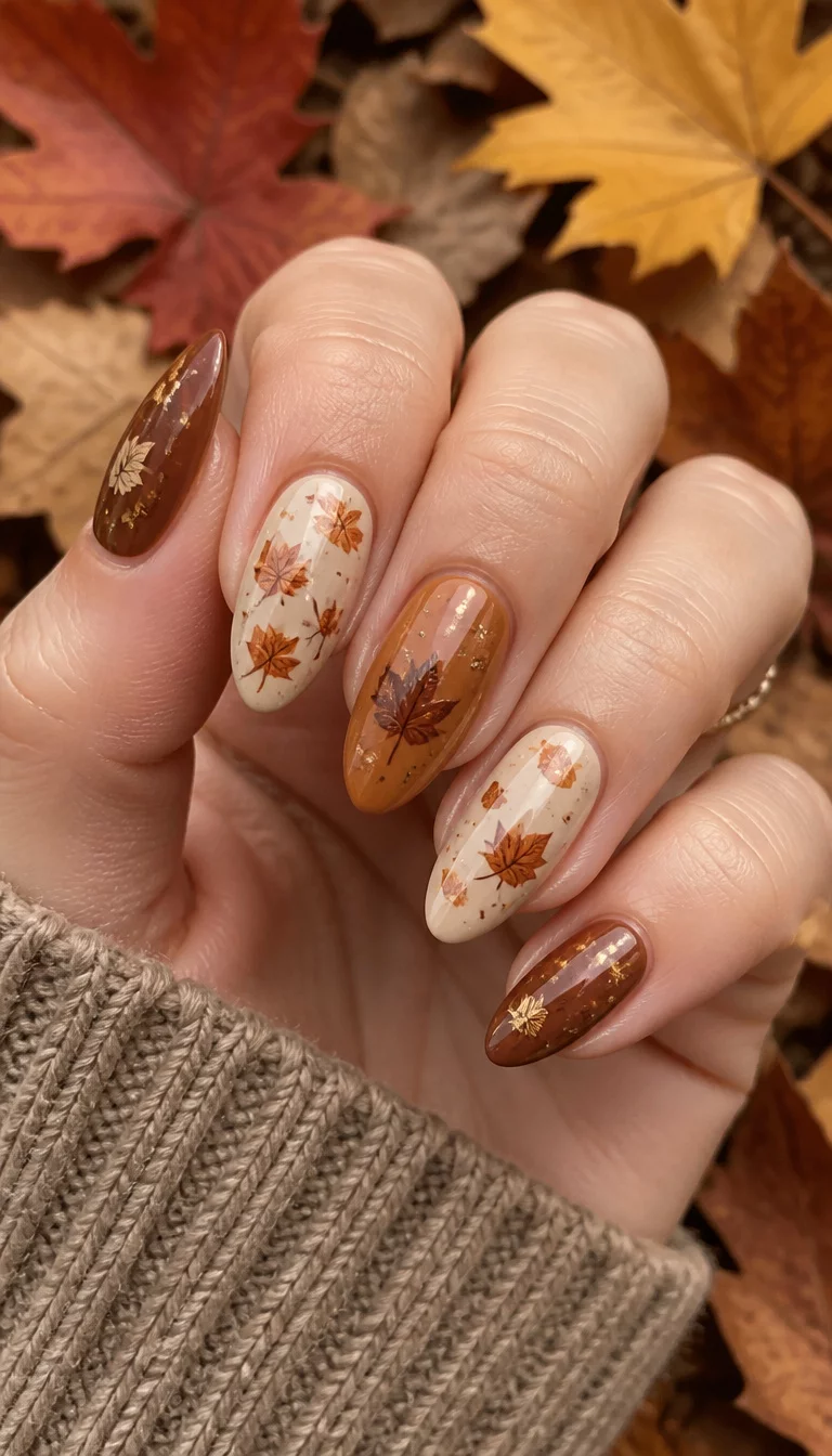 close-up shot of a woman’s hand with five fingers showing almond-shaped nails featuring a warm brown and beige palette with designs of falling autumn leaves, background of real autumn leaves.