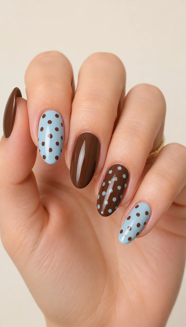 close-up shot of a woman’s hand with five fingers showing almond-shaped nails with a mix of brown and light blue polka dot patterns, neutral cream background.