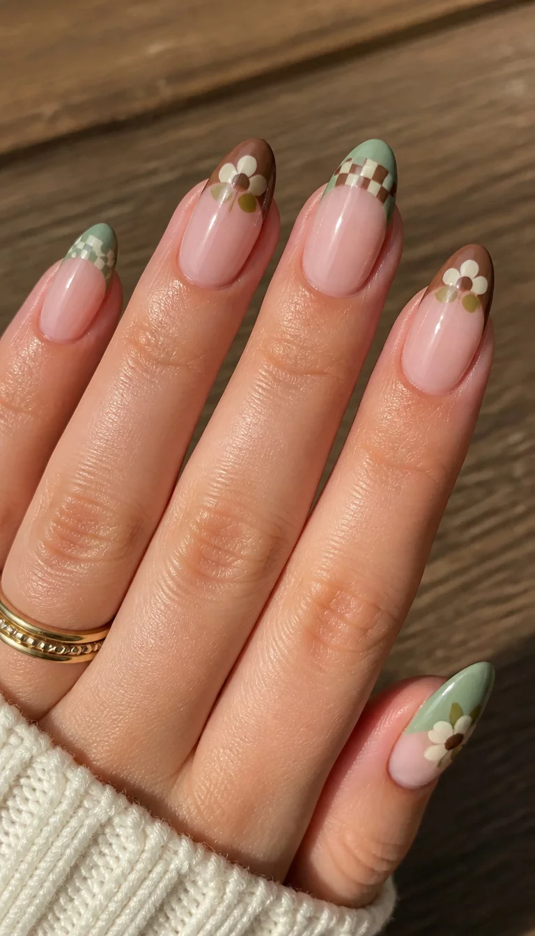close-up shot of a woman’s hand with five fingers showing almond-shaped nails with sage green and brown French tips featuring checkerboard patterns and floral accents, natural wood background.