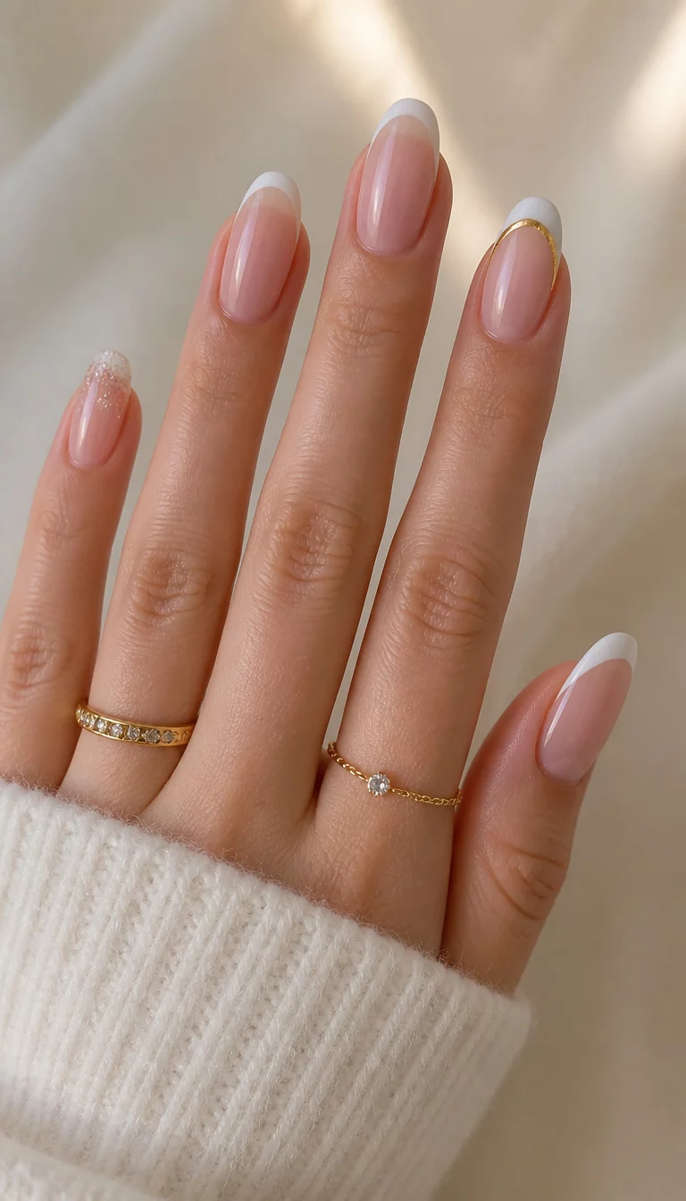 close-up shot of a woman’s hand with five fingers showing four different French tip nail designs including subtle glitter, thin white tips, and gold accents, soft lit background.