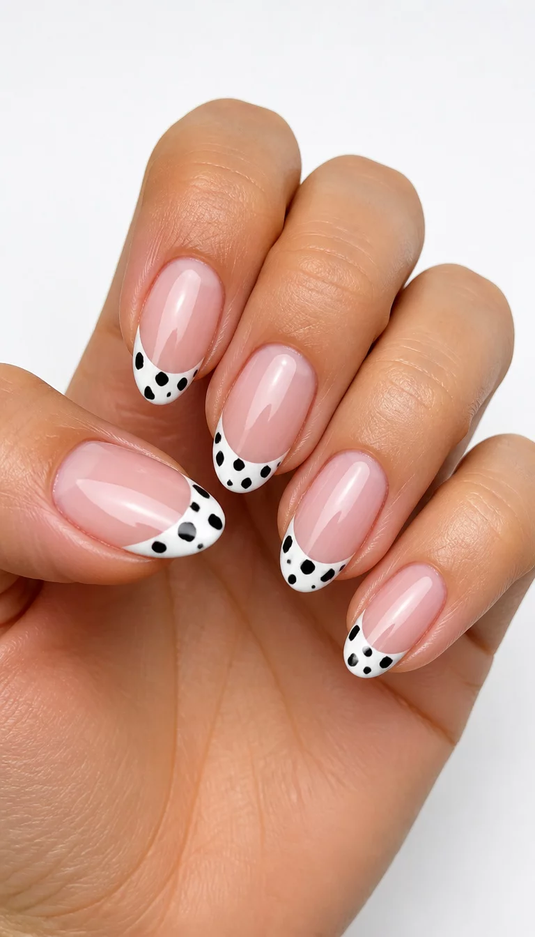 close-up shot of a woman’s hand with five fingers showing almond-shaped nails with a French tip design featuring a playful black and white dalmatian dot pattern, simple white background.