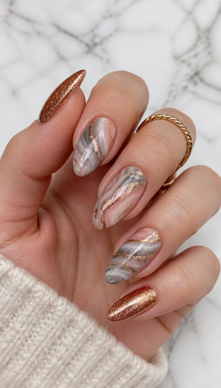 close-up shot of a woman’s hand with five fingers showing almond-shaped nails with a geode-inspired design featuring swirling grey, blush, and gold tones alongside shimmering copper nails, white marble background.