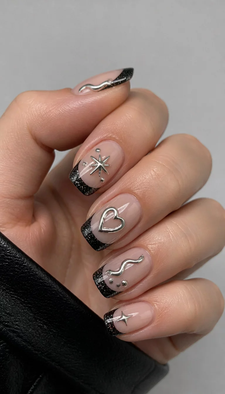 close-up shot of a woman’s hand with five fingers showing coffin-shaped nails with 3D metallic silver accents and short rounded nails with black glitter French tips, minimalist background.