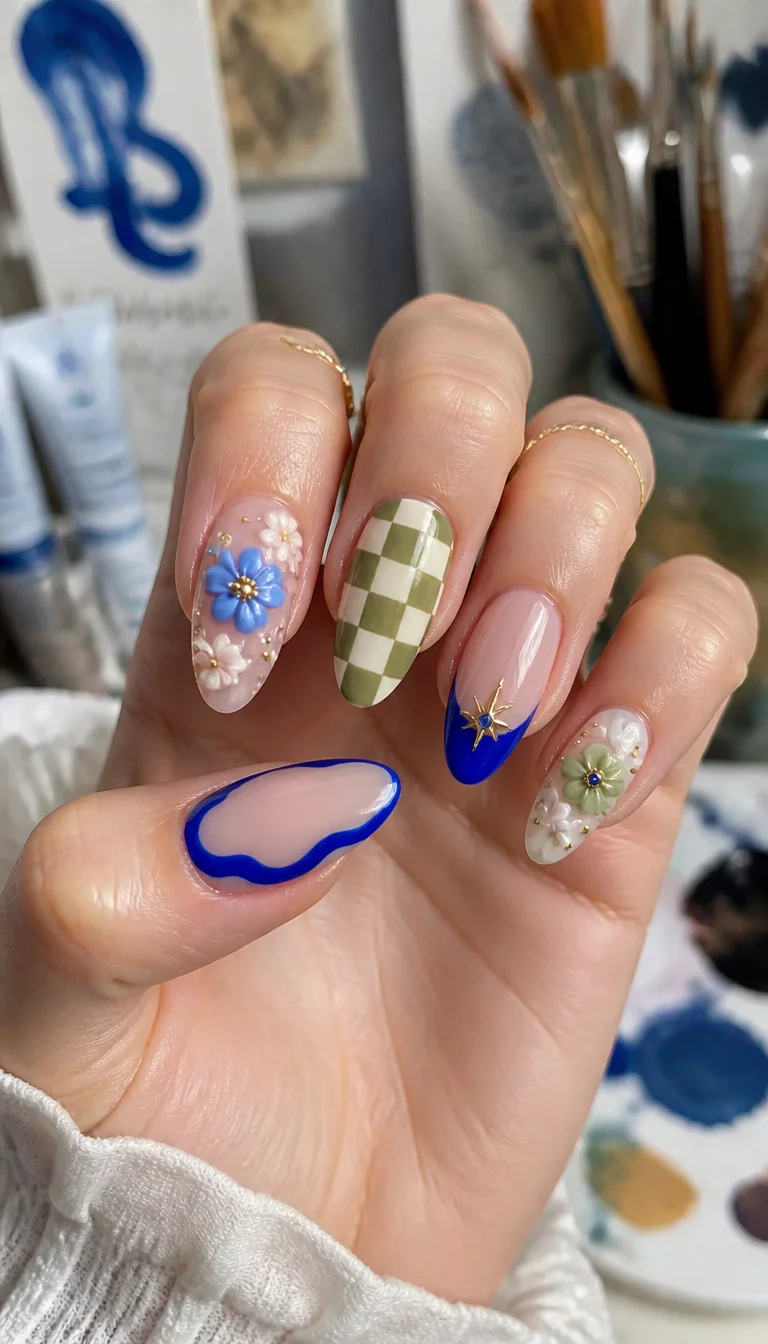 close-up shot of a woman’s hand with five fingers showing a variety of nail art styles including 3D floral embellishments, bold blue accents, and green checkerboard designs, artistic studio background.