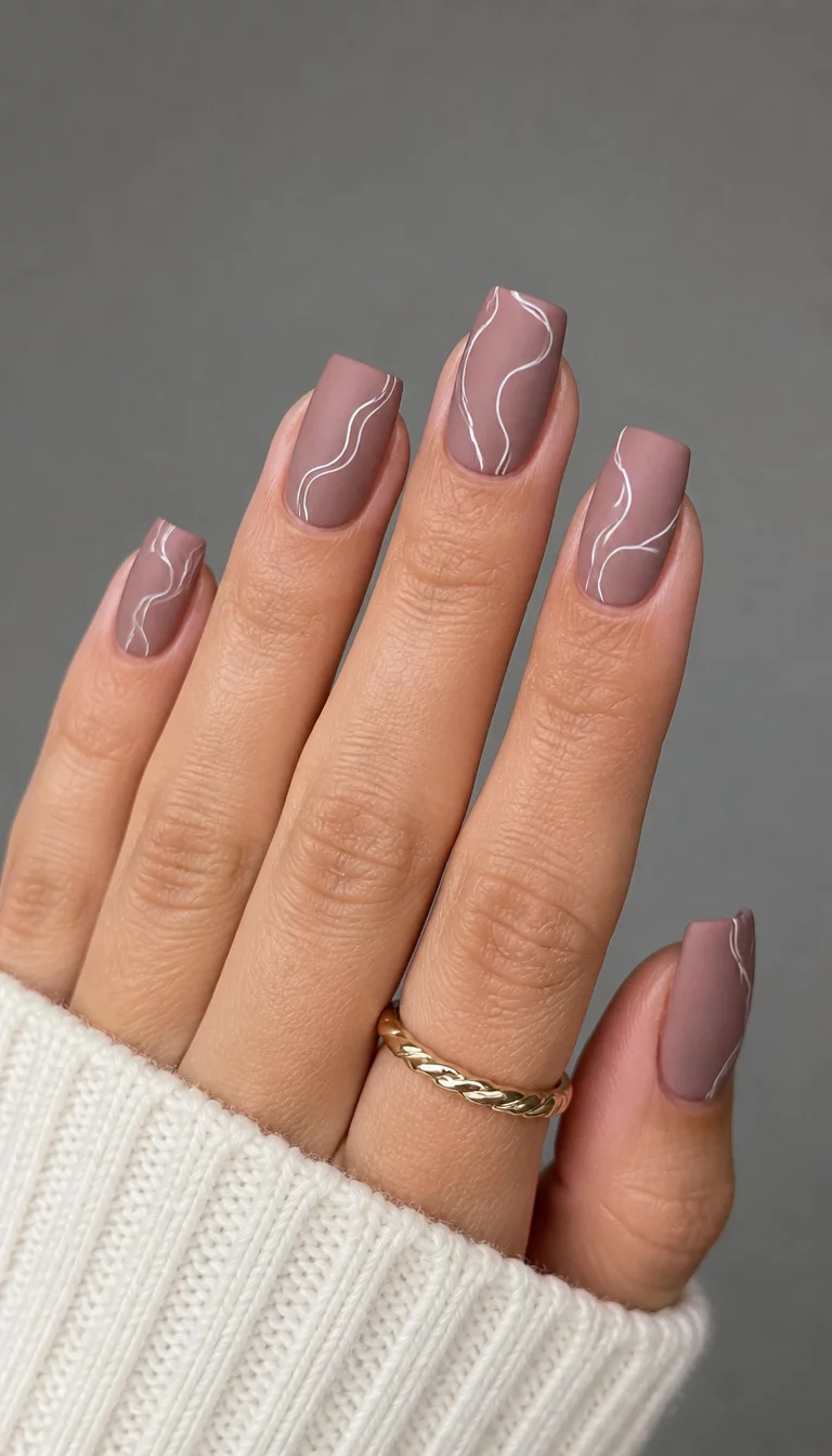 close-up shot of a woman’s hand with five fingers showing square-shaped nails in a matte mauve color adorned with delicate white wavy line art, soft gray background.