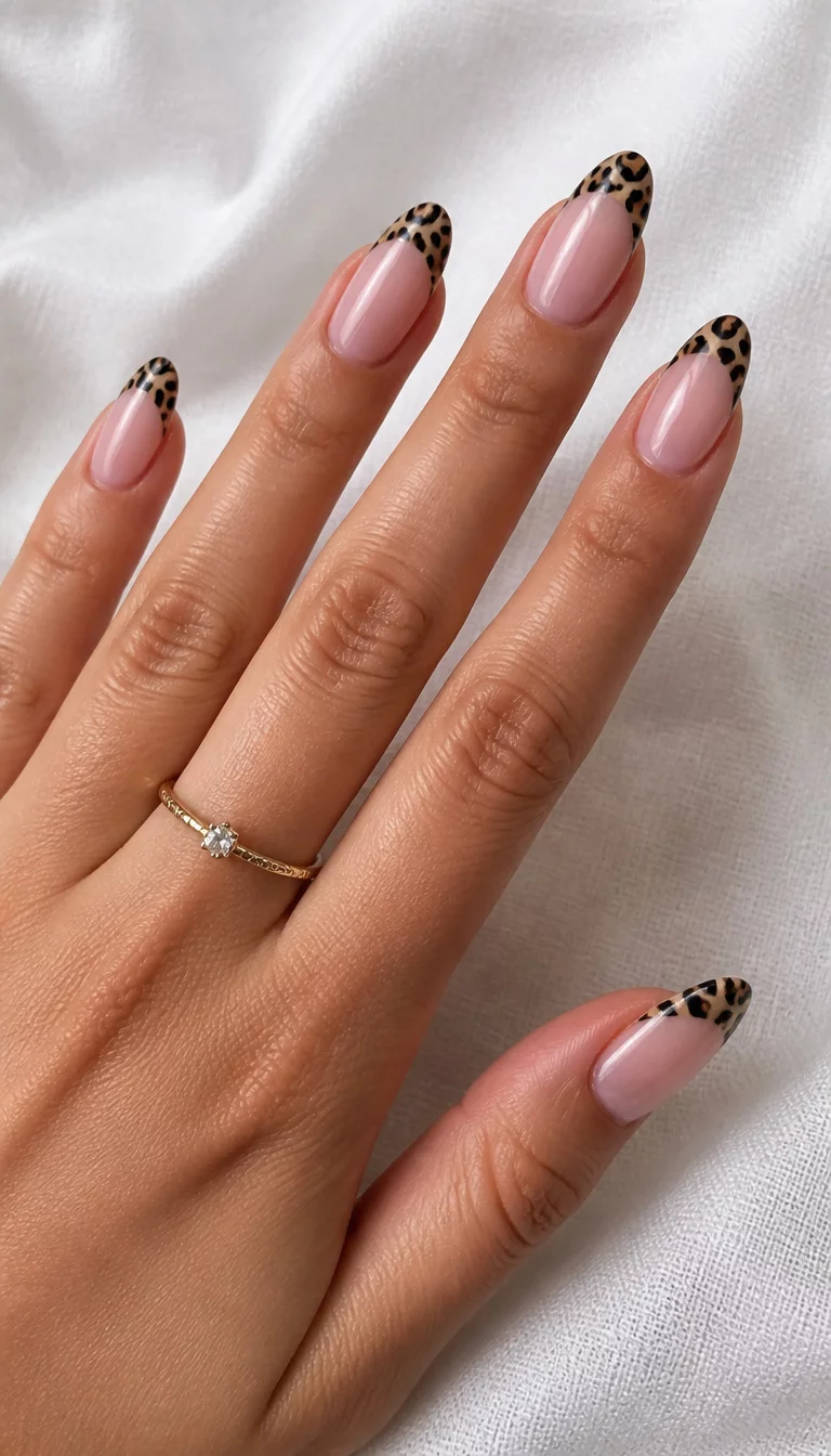 close-up shot of a woman’s hand with five fingers showing almond-shaped French tip nails featuring leopard print on the tips, textured white fabric background.