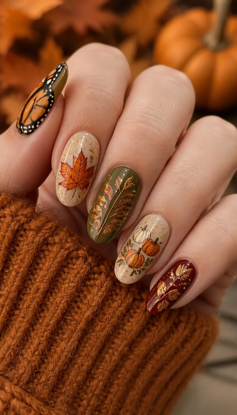 close-up shot of a woman’s hand with five fingers showing various fall-themed nail art including monarch butterfly wings, autumn leaves, and tiny pumpkin designs, soft autumn background.