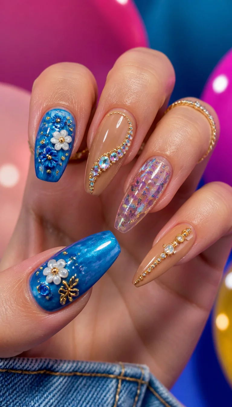 close-up shot of a woman’s hand with five fingers showing a collage of four embellished nail styles including blue nails with floral studs and long tan nails with rhinestones, colorful studio background.