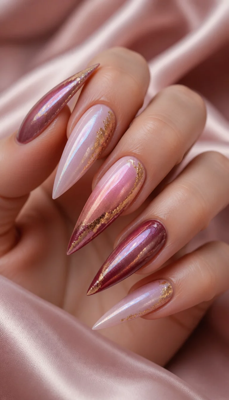 close-up shot of a woman’s hand with five fingers showing stiletto nails with a pearlescent gradient and gold foil accents in shades of pink and burgundy, soft silk background.